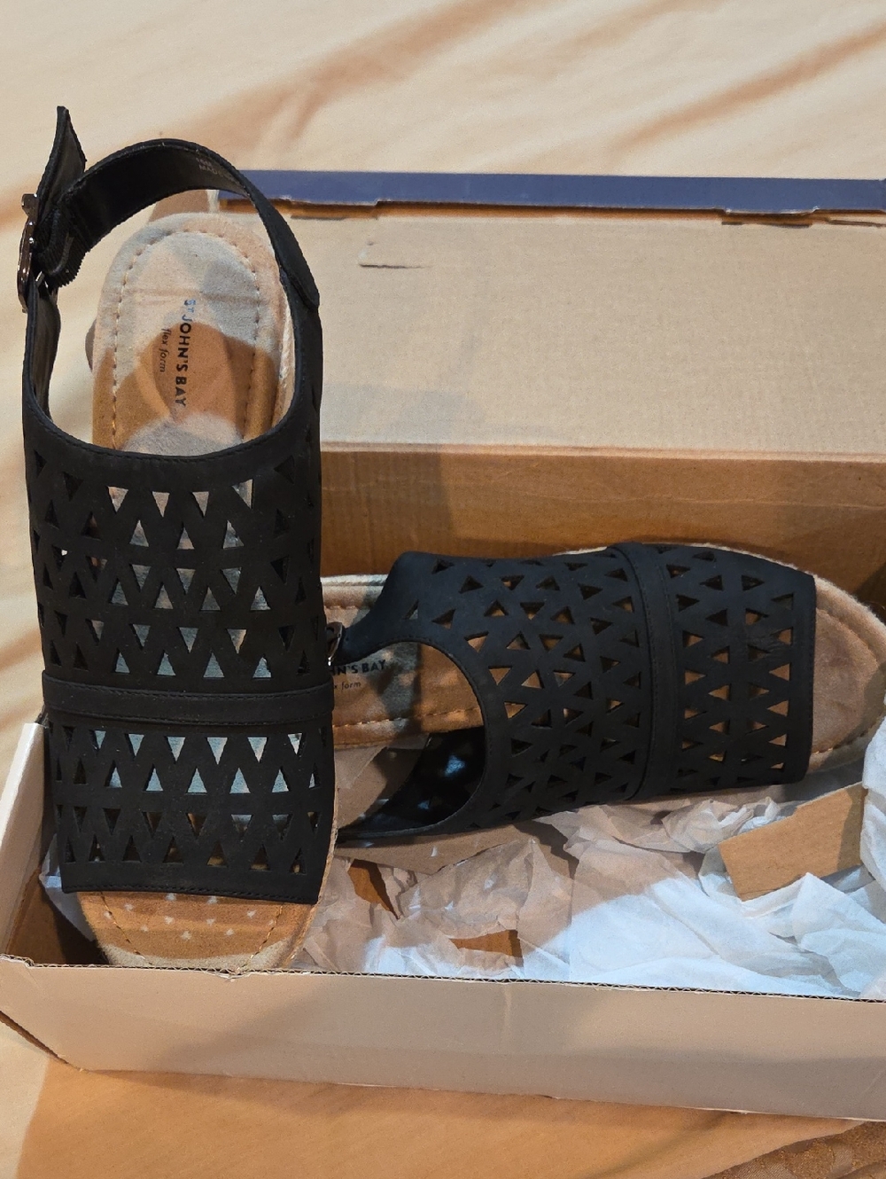 St. John's Bay Black Laser-Cut Ankle Strap Sandals